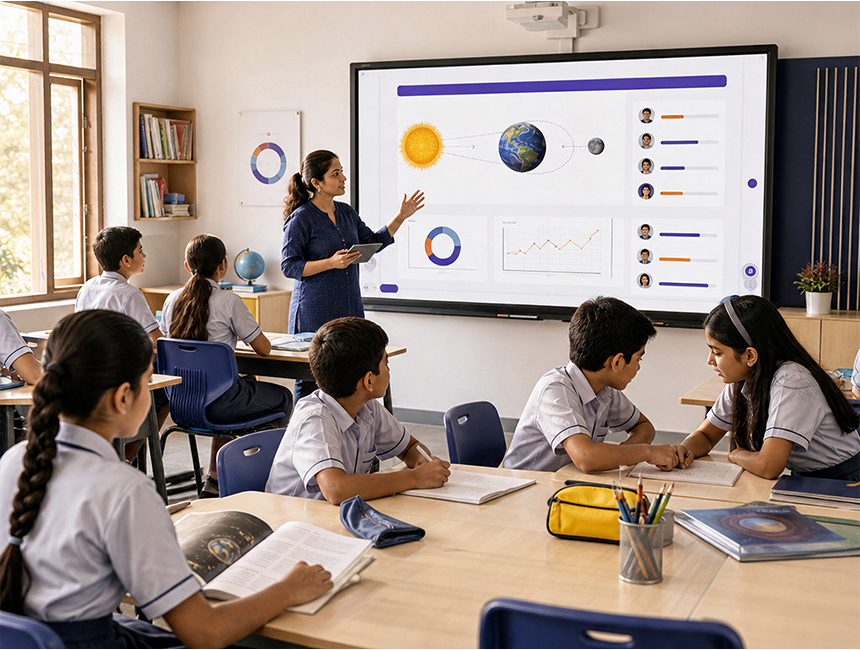 A teacher leading a K-12 class with an interactive smart board
